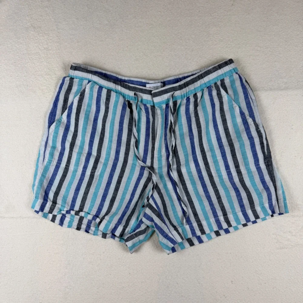 Liz Claiborne Blue Striped‎ Linen Blend Drawstring Shorts Womens Small Pocketed